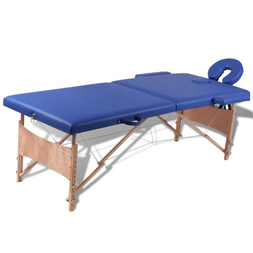 Blue Foldable Massage Table 2 Zones with Wooden Frame