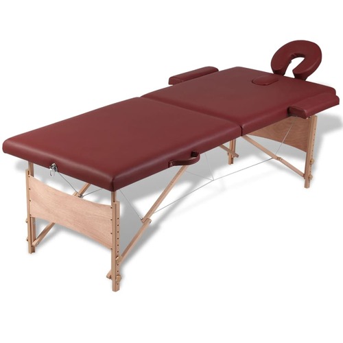 Red Foldable Massage Table 2 Zones with Wooden Frame
