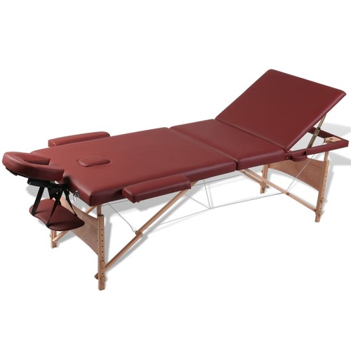 Red Foldable Massage Table 3 Zones with Wooden Frame