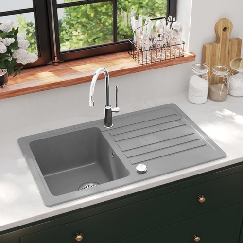 Granite Kitchen Sink Single Basin with Drainer Reversible Grey