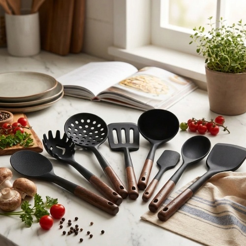 MIU 8 Piece Silicone Kitchen Utensil Set Heat Resistant Non Stick Safe Walnut