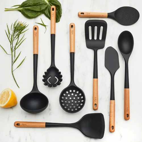 MIU 8 Piece Silicone Kitchen Utensil Set Heat Resistant Non Stick Safe Beechwood