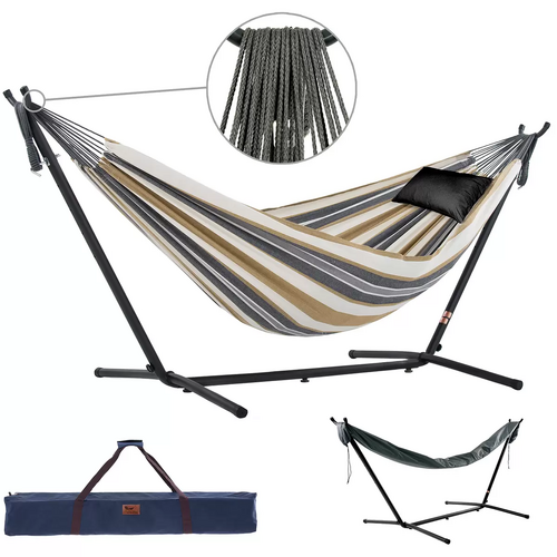 Viver 2.7m Hammock Chair Lounger Bed With Stand Steel Frame Carry Bag Cotton Sand