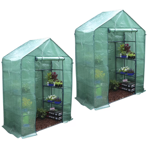 x2 GreenLife Walk-In Greenhouse With Shelves 195x143x73 Green PE Cover Portable