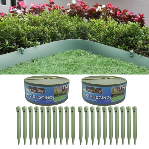 20M Garden Edging With Pegs Plastic Flexible Border Lawn Flower Bed Edge Green