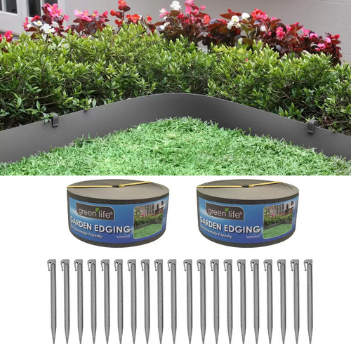 20M Garden Edging With Pegs Plastic Flexible Border Lawn Flower Bed Edge Grey