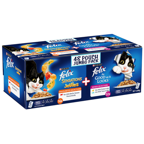 48 x Felix Mixed Selection Wet Cat Food Sensations Jellies & As Good As It Looks 85g Pouches