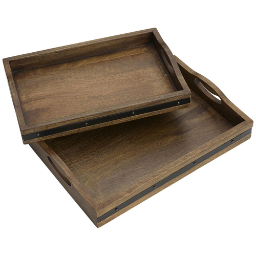 Solid Mango Wood Serving Tray 2 Pack Wooden Rectangular Breakfast Butlers Trays