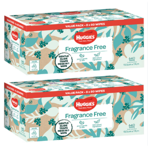 Huggies Baby Wipes 2 x 640 Bulk Pack Fragrance Free Thick Soft Hypoallergenic