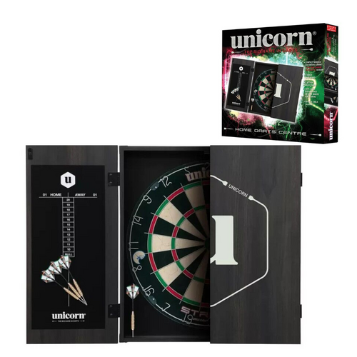 Unicorn Darts Centre Competition Bristle Dart Board 2 Sets Of Darts Deluxe Wooden Cabinet Black