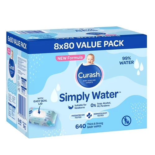 Curash Soft Baby Wipes Newborn Simply Water Sensitive Skin 640 Pack Not Flushable