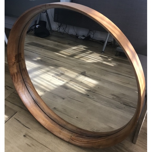 Yarrabah Round Mirror 80cms round Pine Wood. II is a perfect circle of glass encompassed by a solid wood frame with narrow edging