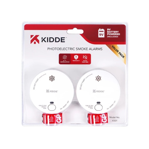 Kidde Smoke Alarm 2 Pack Photoelectric Fire Safety Detector Battery Powered Home