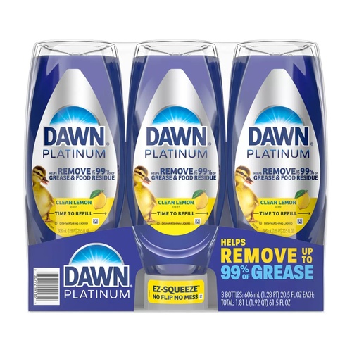 Dawn Platinum Dishwashing Liquid 3 x 606ml Easy Squeeze Bottles Lemon Scent