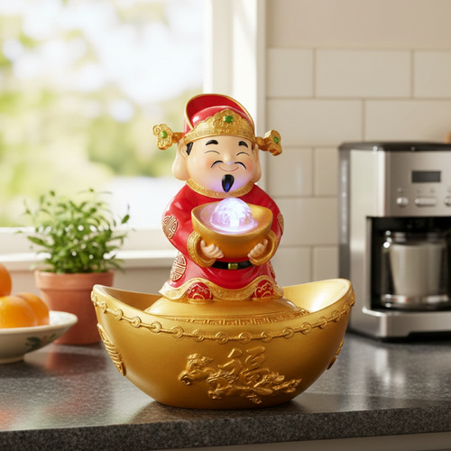 God of Wealth Water Fountain Indoor Decorative Feature for Home and Office