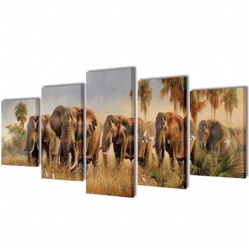 Canvas Wall Print Set Elephants 100 x 50 cm