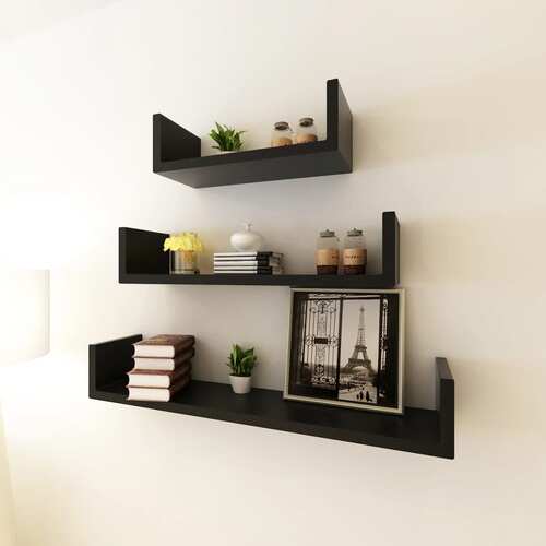 3 Black MDF U-shaped Floating Wall Display Shelves Book/DVD Storage