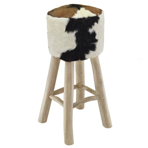 Bar Stool Goatskin Leather and Solid Teak Wood
