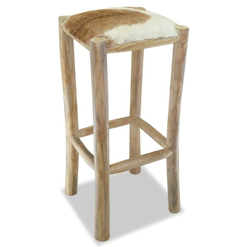 Bar Stool Goatskin Leather and Solid Teak Wood