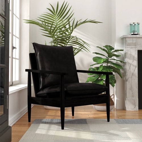 Armchair Black Real Leather with Solid Wood Acacia