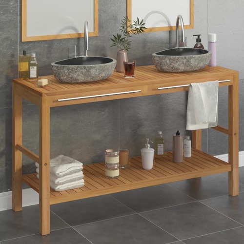 Bathroom Vanity Cabinet Solid Teak with Riverstone Sinks
