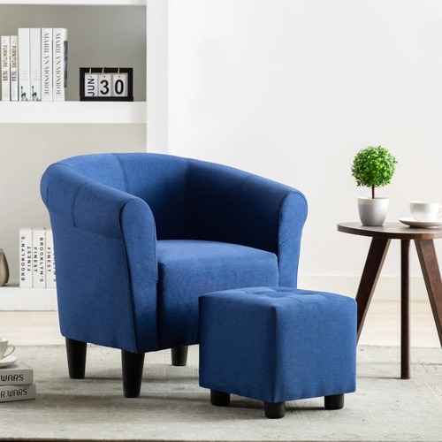 2 Piece Armchair and Stool Set Blue Fabric