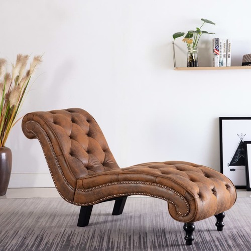 Chaise Lounge Brown Faux Suede Leather
