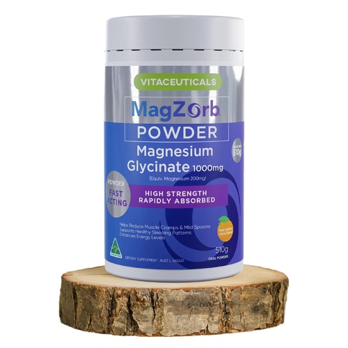 Magzorb Magnesium Glycinate Powder 510g High Strength 1000mg Orange Flavour