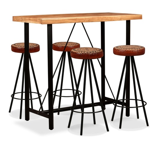 Bar Set 5 Pieces Solid Wood Acacia. Genuine Leather & Canvas