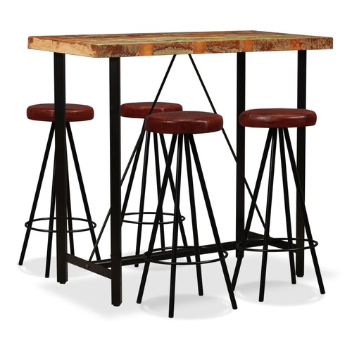 5 Piece Bar Set Solid Reclaimed Wood and Genuine Leather