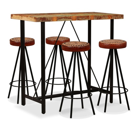Bar Set 5 Pieces Solid Wood Reclaimed. Genuine Leather & Canvas