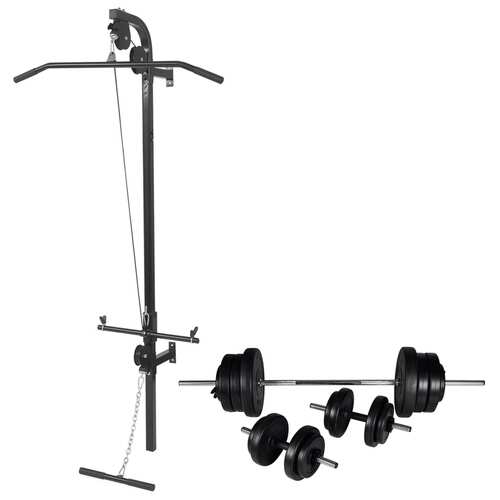 Wall-mounted Power Tower with Barbell and Dumbbell Set 60.5 kg