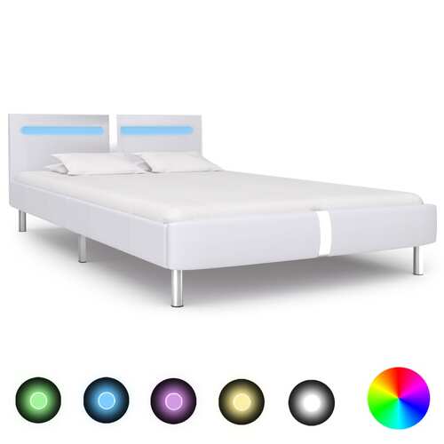 Bed Frame with LED White Faux Leather Queen