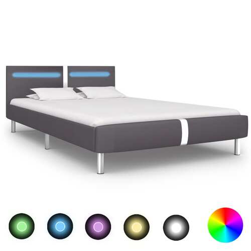 Bed Frame with LED Grey Faux Leather Queen