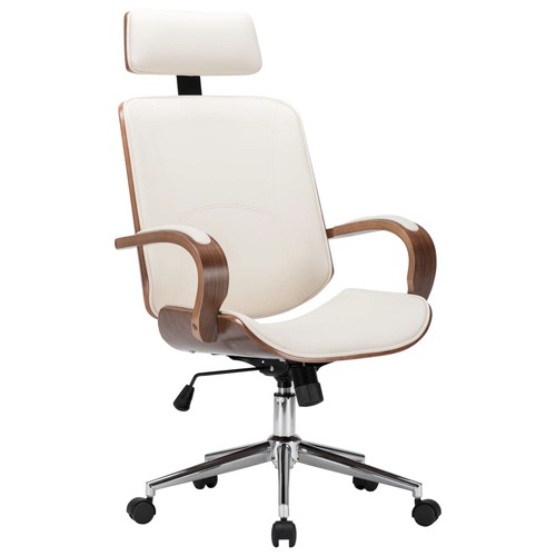 Swivel Office Chair with Headrest Cream Faux Leather and Bentwood