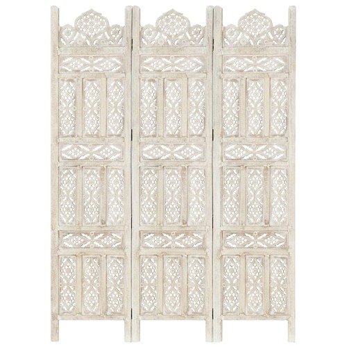 Hand carved 3-Panel Room Divider White 120x165 cm Solid Mango Wood