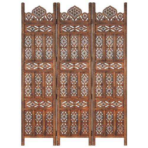 Hand Carved 3-Panel Room Divider Brown 120x165 cm Solid Mango Wood