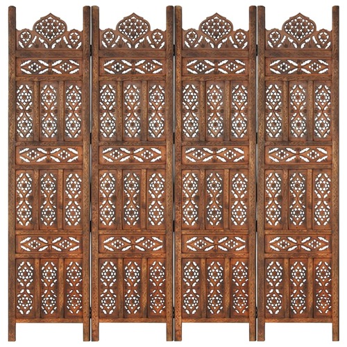 Hand carved 4-Panel Room Divider Brown 160x165 cm Solid Mango Wood