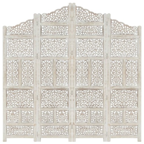 Hand carved 4-Panel Room Divider White 160x165 cm Solid Mango Wood