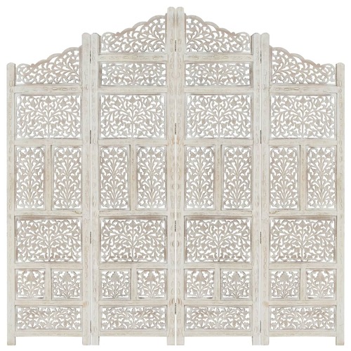 Hand carved 4-Panel Room Divider White 160x165 cm Solid Mango Wood