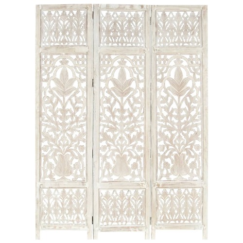 Hand Carved 3-Panel Room Divider White 120x165 cm Solid Mango Wood