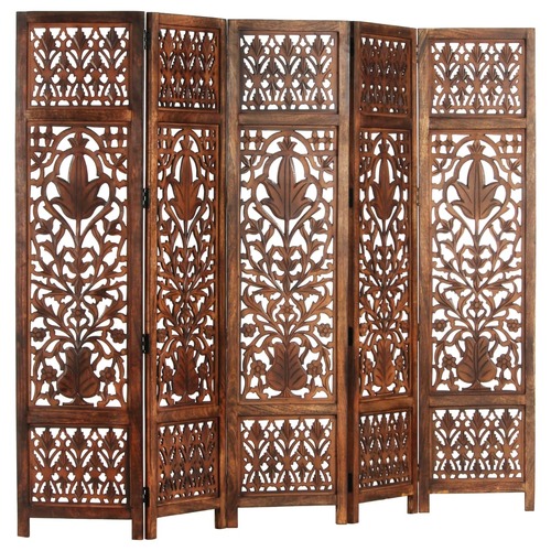 Hand Carved 5-Panel Room Divider Brown 200x165 cm Solid Mango Wood