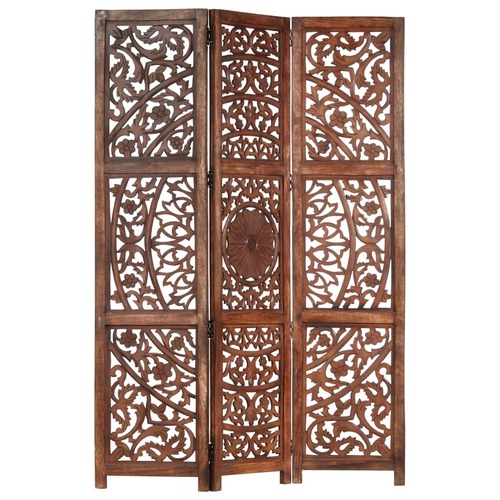 Hand carved 3-Panel Room Divider Brown 120x165 cm Solid Mango Wood