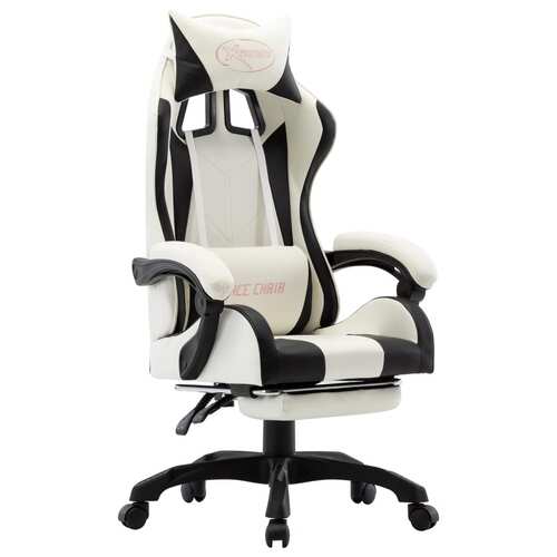 Racing Chair with Footrest Black and White Faux Leather