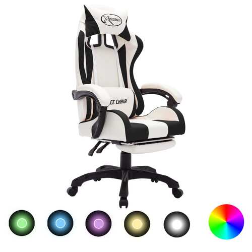 Racing Chair with RGB LED Lights Black and White Faux Leather