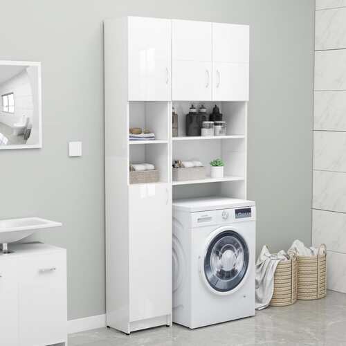 Washing Machine Cabinet Set High Gloss White Engineered Wood