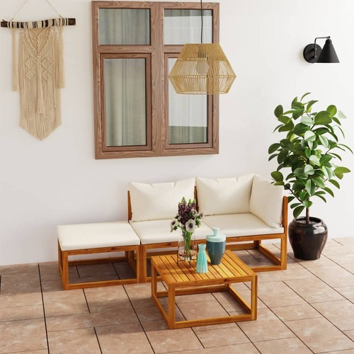 4 Piece Garden Lounge Set with Cushion Cream Solid Acacia Wood