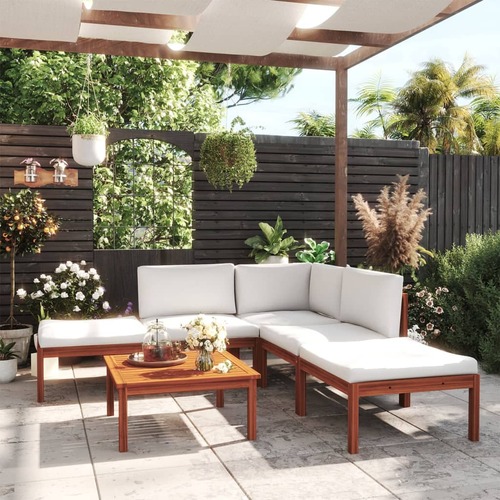 6 Piece Garden Lounge Set with Cushions Cream Wood Acacia&Rope