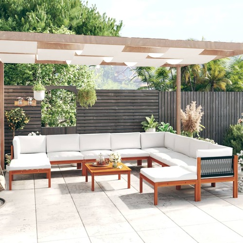 11 Piece Garden Lounge Set with Cushions Cream Wood Acacia&Rope