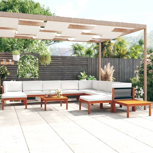 12 Piece Garden Lounge Set with Cushions Cream Wood Acacia&Rope